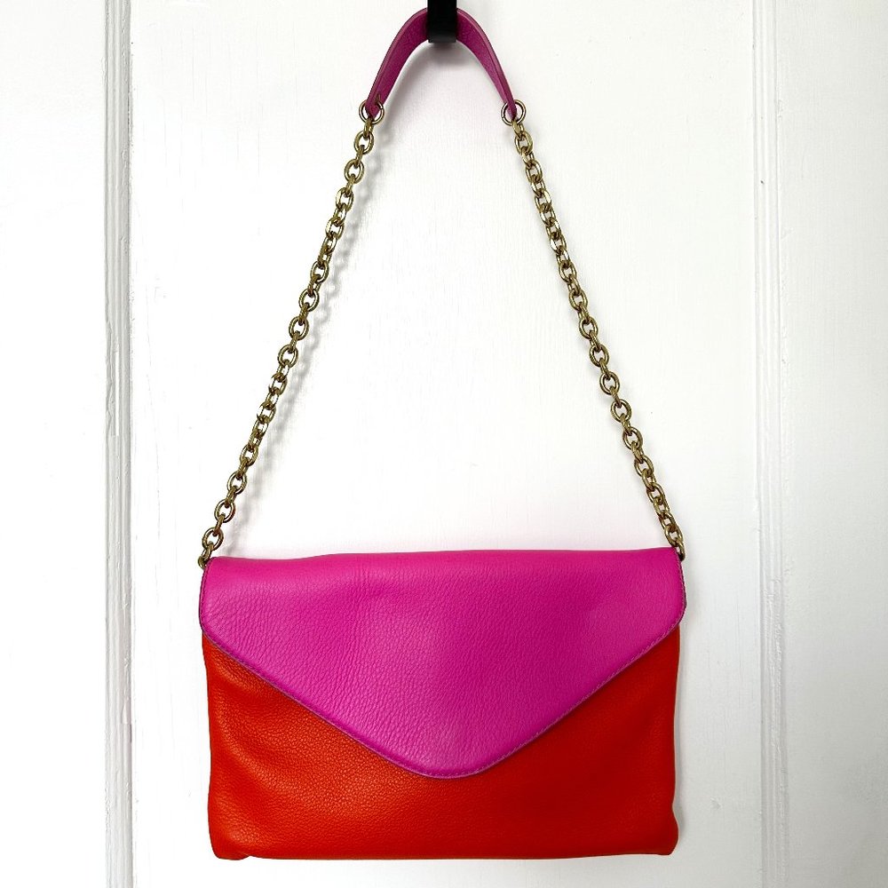 J. Crew Pink and Orange Colorblock Leather Shoulder Bag Convertible to Clutch